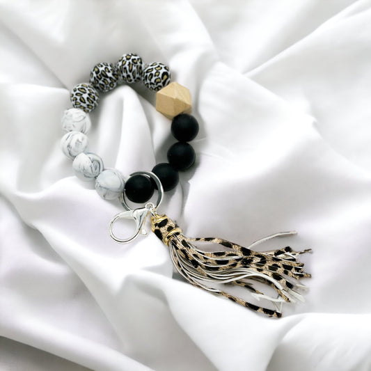 Black and white marble leopard tassel keychain wristlet