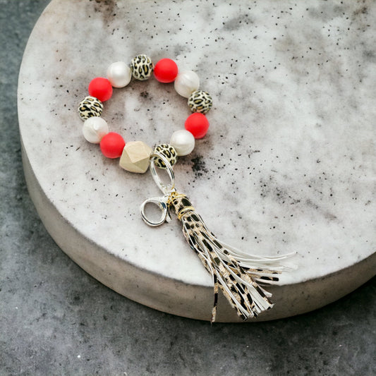 Red, Pearl, and Leopard Tassel Keychain Wristlet