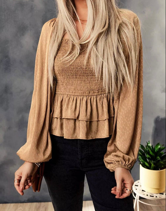 Brown Floral Ruffle Blouse